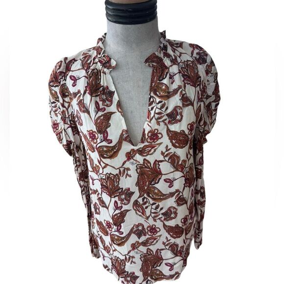 Anna Cate Popover Blouse Top Women's Floral Puff Sleeve Ruffle Neck - Picture 2 of 7